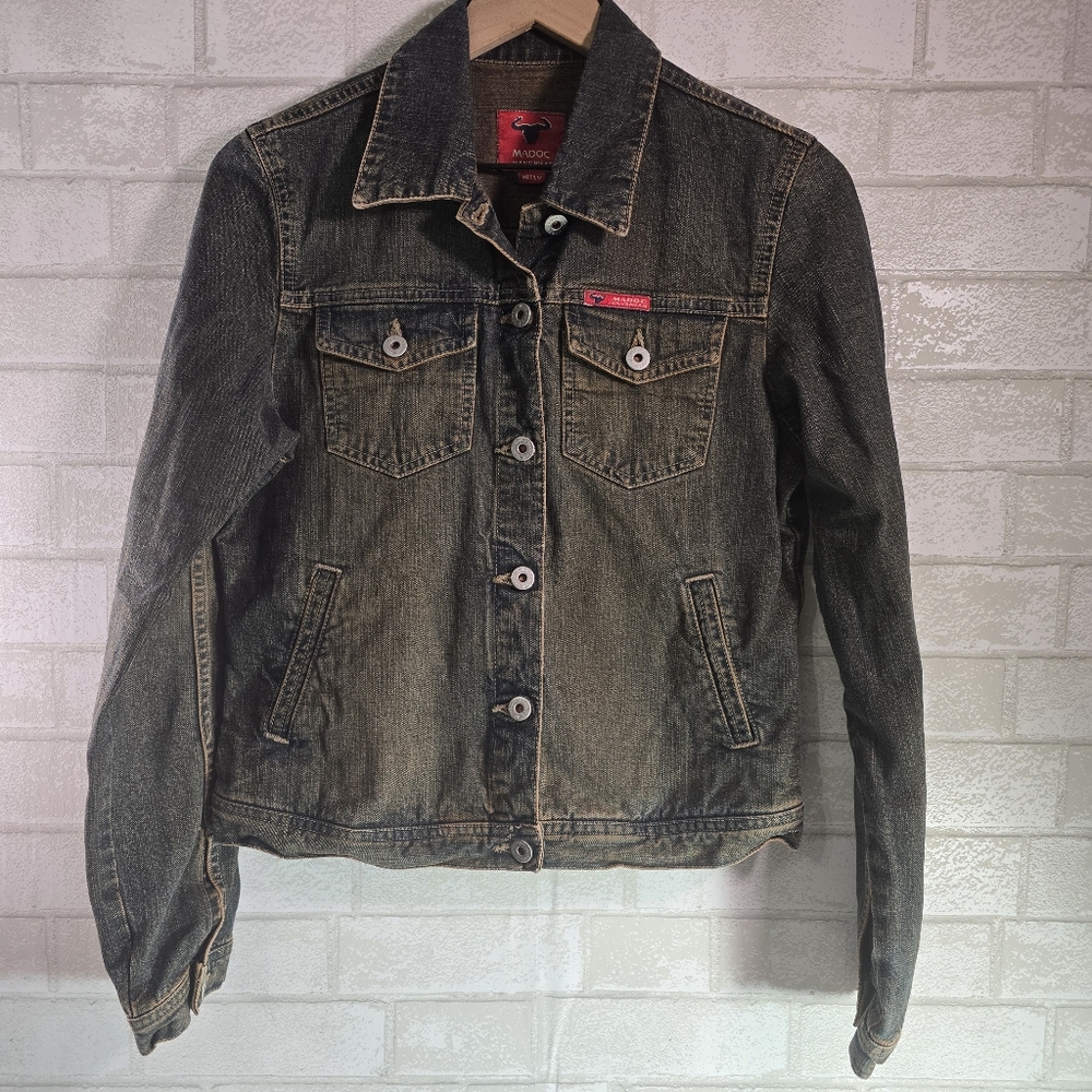 Madoc Jeans Wear Women's Vintage Dark Distressed Denim Jean Jacket Med.